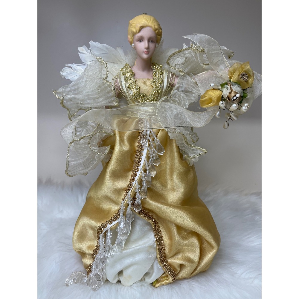 Vintage Dillard's Trimmings‎ Porcelain Angel Tree Topper Gold Gown With Box - Picture 2 of 16